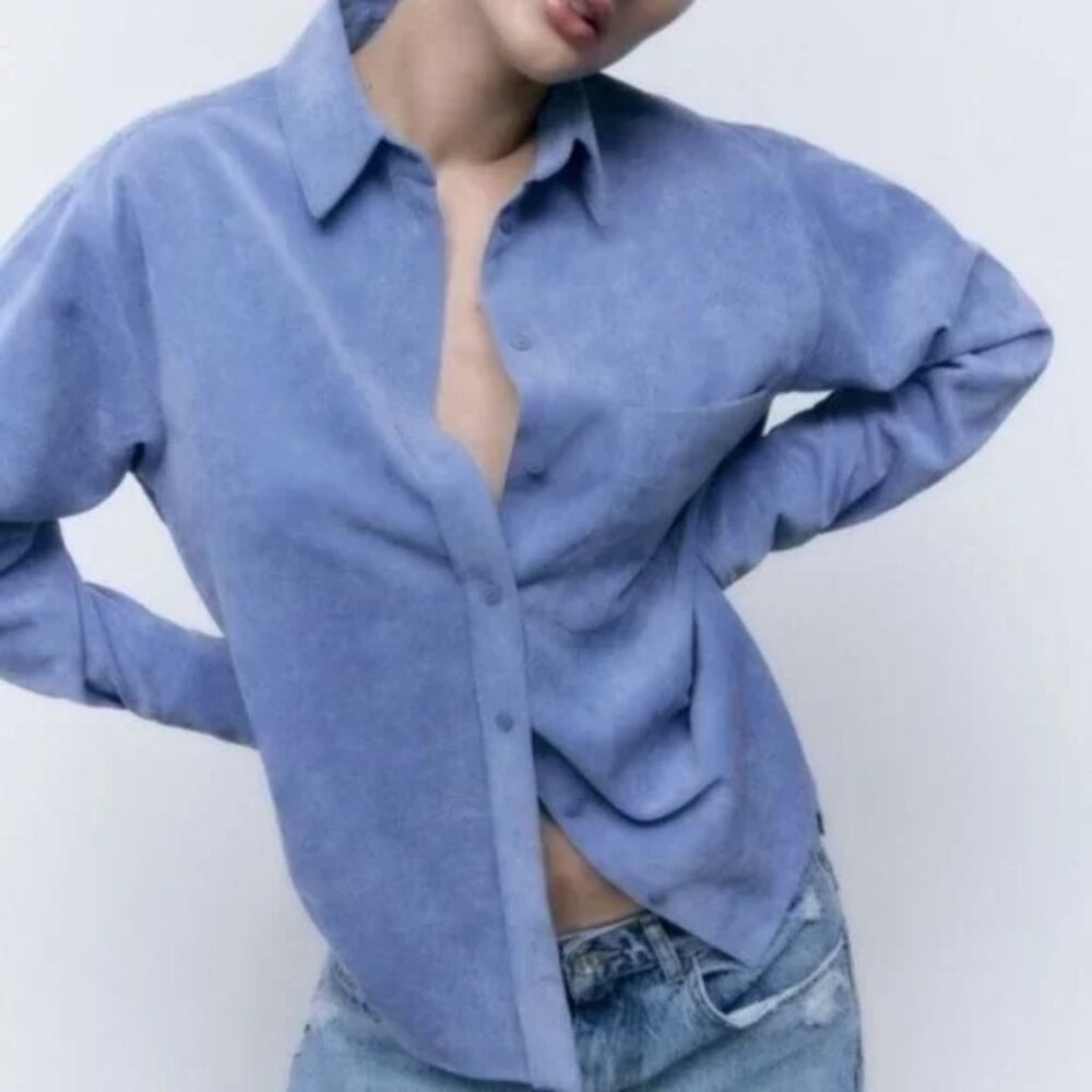 Zara Fine-Waled Corduroy Oversized Blue Button-Up Shirt With Pocket Size XS